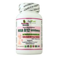 High Absorption Mega B12 5000 as Methylcobalamin w Folic Acid  60 Veg.Tabs